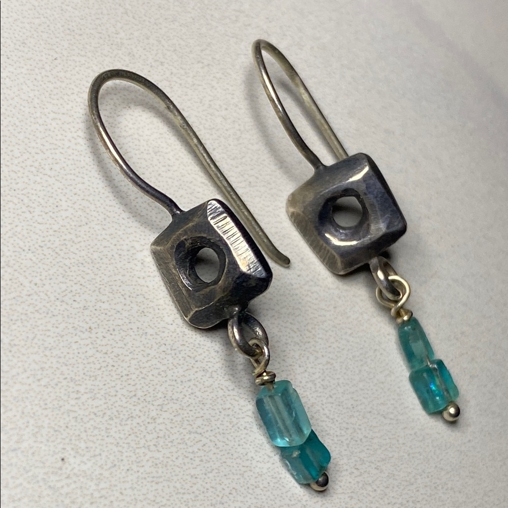 Handmade Sterling Silver and Blue Raw Stone Bead Dangle Earrings